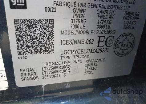 2021 Chevrolet Silverado 1500 4Wd Short Bed Custom Trail Boss/4Wd Standard Bed Custom Trail Boss z USA, uszkodzony, nr VIN 1GCPYCEL3MZ426231